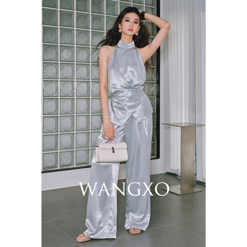 WANGXO Mao Linlin Same Style Pearl Shining Luxury Gilded Satin Hanging Neck and Waist Top Umbrella Skirt Set image 39