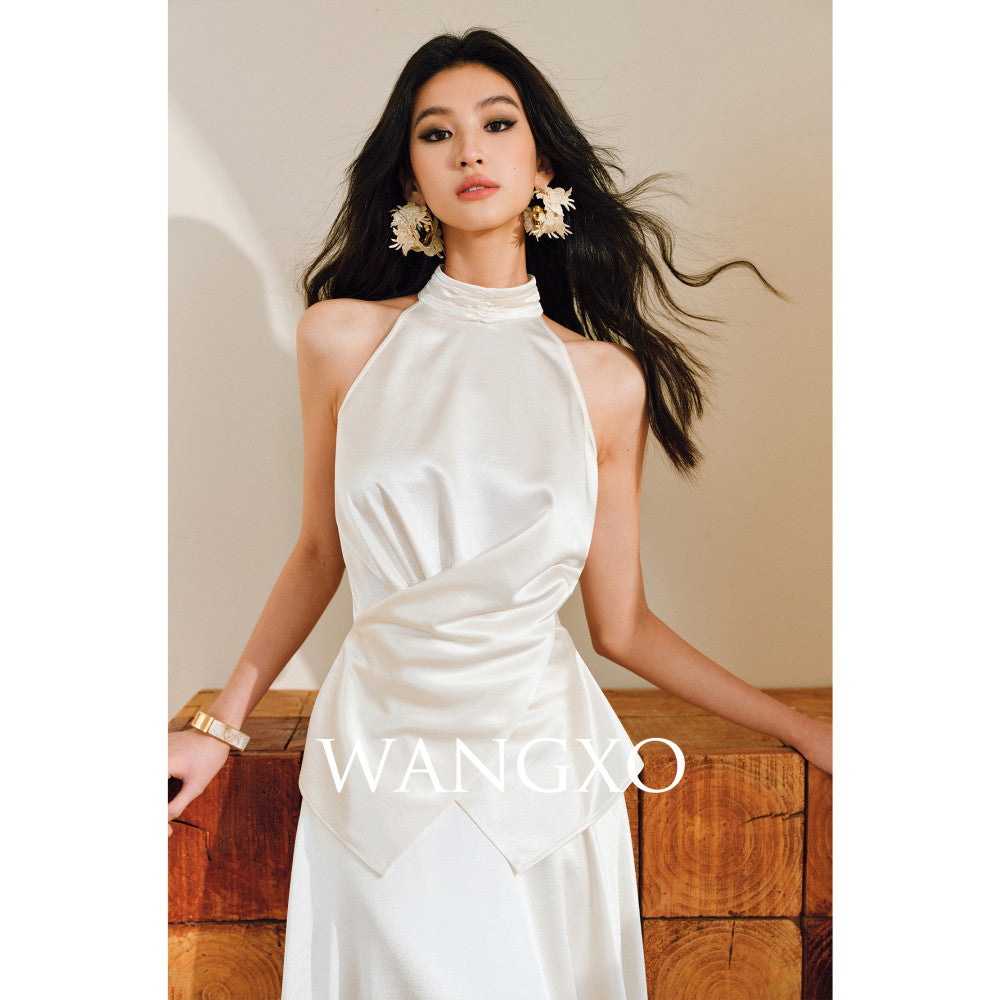 WANGXO Mao Linlin Same Style Pearl Shining Luxury Gilded Satin Hanging Neck and Waist Top Umbrella Skirt Set image 6