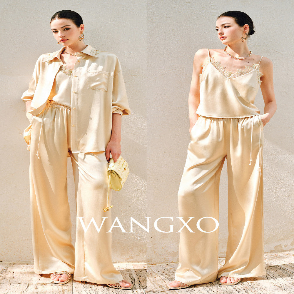 WANGXO Hemp Texture Flowing Acetic Acid Satin Light Luxury Lace Strap u0026Shirt u0026Pants 3 Piece Set image 1