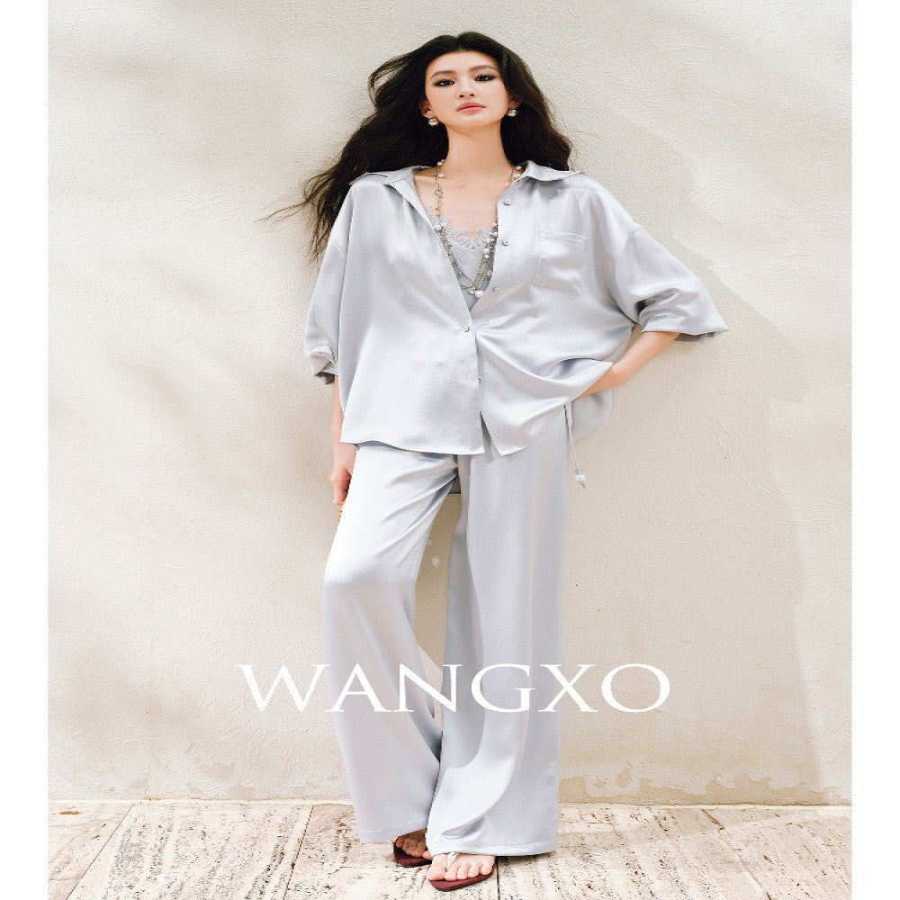 WANGXO Hemp Texture Flowing Acetic Acid Satin Light Luxury Lace Strap u0026Shirt u0026Pants 3 Piece Set image 4