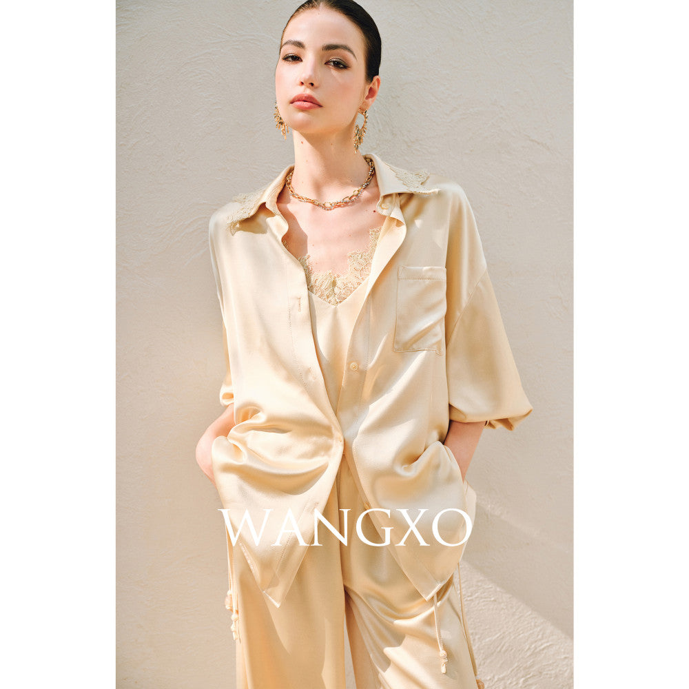 WANGXO Hemp Texture Flowing Acetic Acid Satin Light Luxury Lace Strap u0026Shirt u0026Pants 3 Piece Set image 7