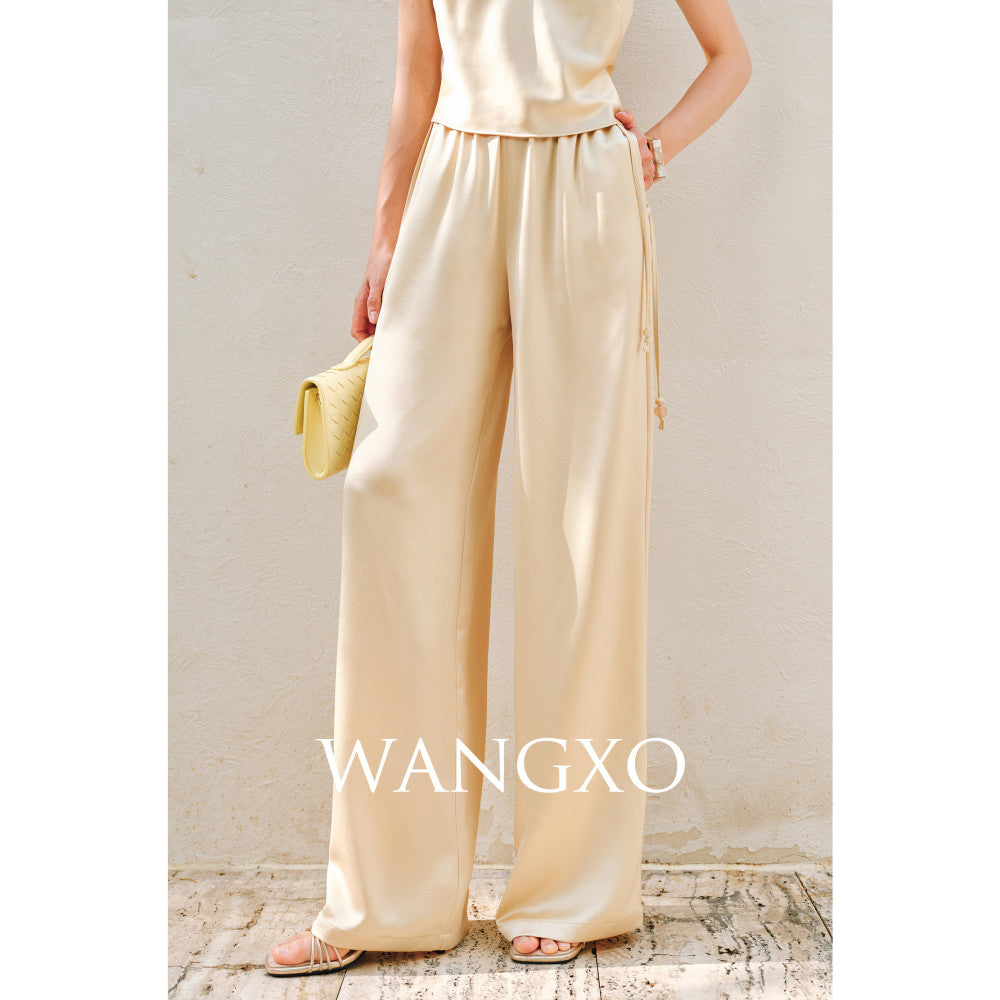 WANGXO Hemp Texture Flowing Acetic Acid Satin Light Luxury Lace Strap u0026Shirt u0026Pants 3 Piece Set image 13