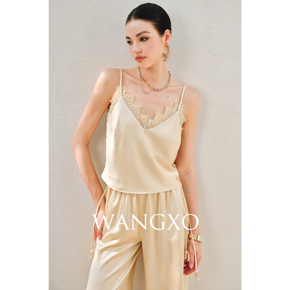 WANGXO Hemp Texture Flowing Acetic Acid Satin Light Luxury Lace Strap u0026Shirt u0026Pants 3 Piece Set image 18