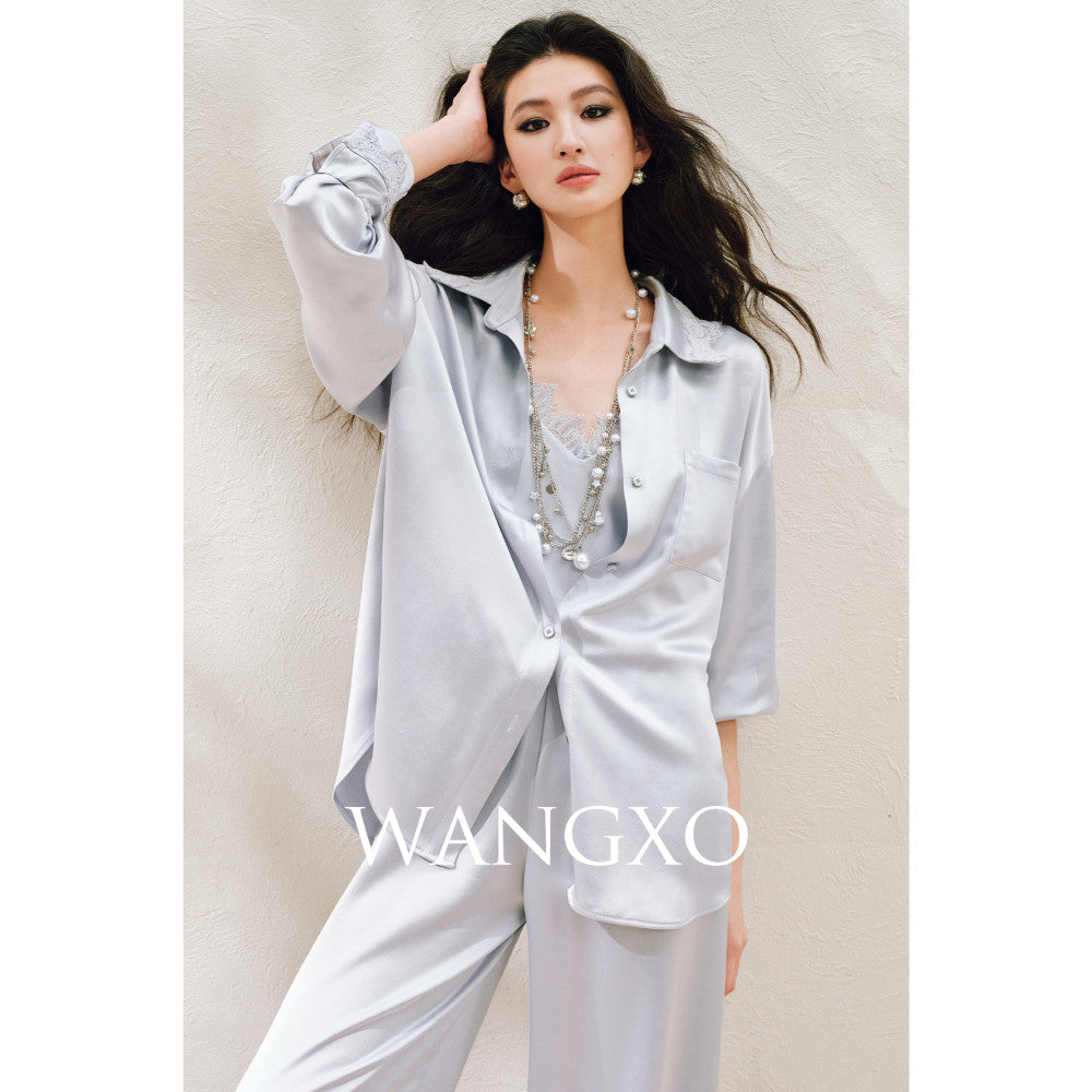 WANGXO Hemp Texture Flowing Acetic Acid Satin Light Luxury Lace Strap u0026Shirt u0026Pants 3 Piece Set image 29