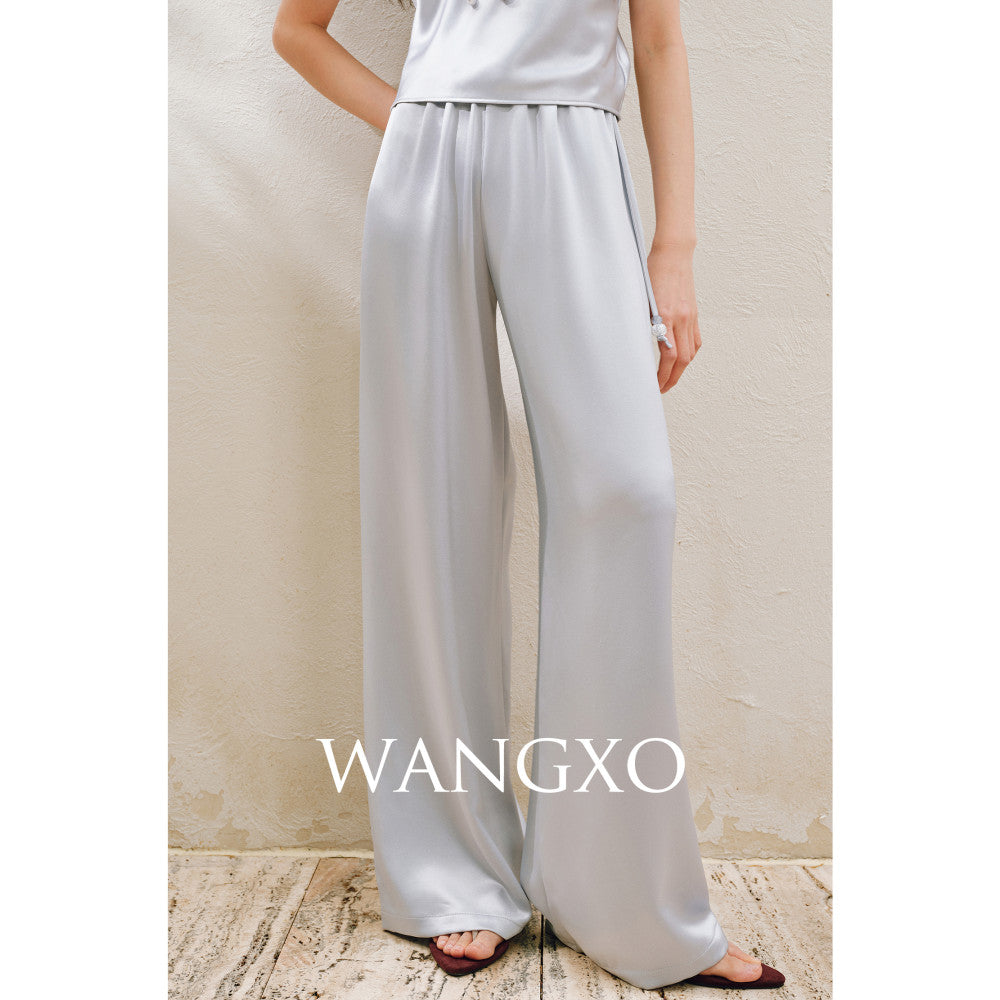WANGXO Hemp Texture Flowing Acetic Acid Satin Light Luxury Lace Strap u0026Shirt u0026Pants 3 Piece Set image 34