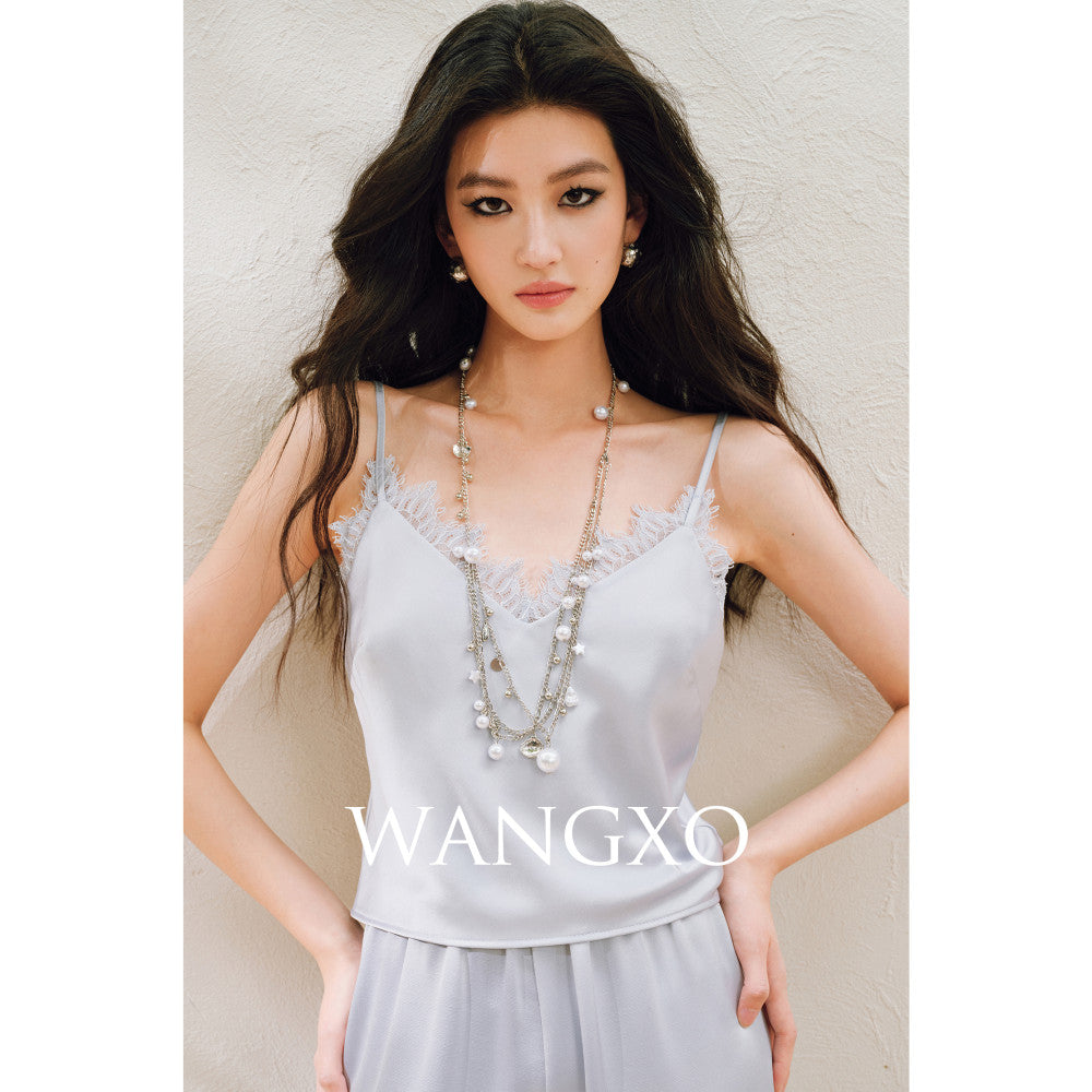 WANGXO Hemp Texture Flowing Acetic Acid Satin Light Luxury Lace Strap u0026Shirt u0026Pants 3 Piece Set image 41