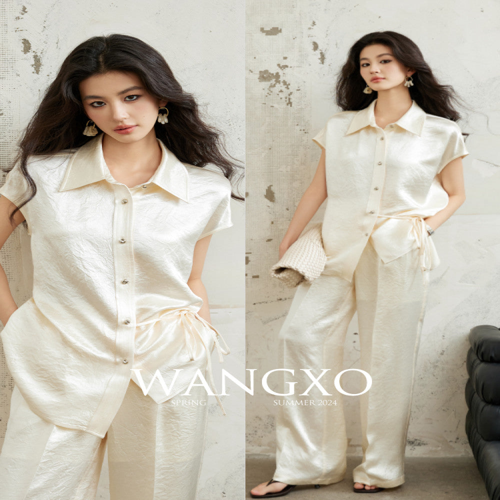 WANGXO 100 Acetic Acid Gloss Double sided Satin Special Paper Wrinkle Embossed Wrapping Top Wide Leg Pants Set image 3