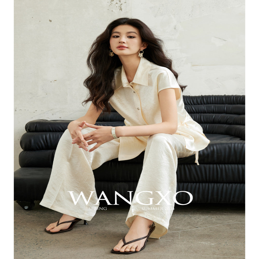 WANGXO 100 Acetic Acid Gloss Double sided Satin Special Paper Wrinkle Embossed Wrapping Top Wide Leg Pants Set image 4
