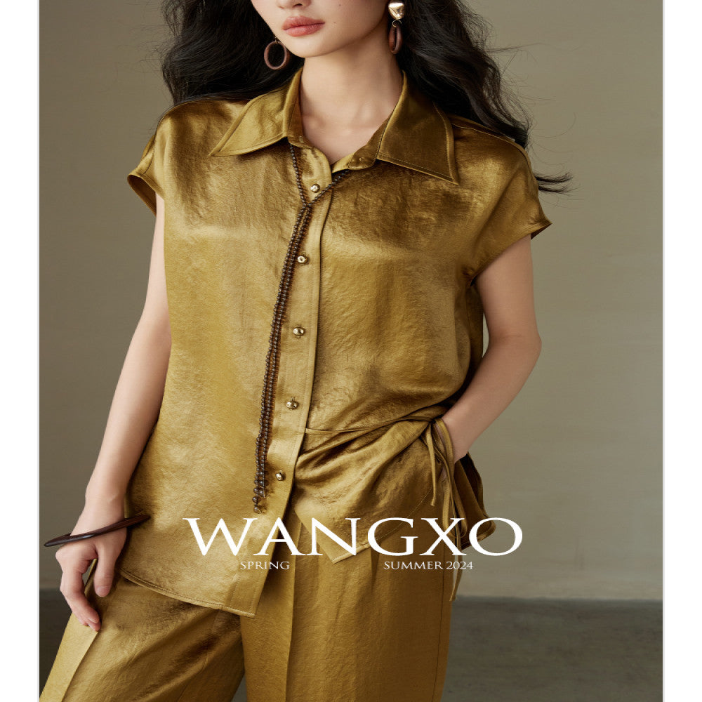WANGXO 100 Acetic Acid Gloss Double sided Satin Special Paper Wrinkle Embossed Wrapping Top Wide Leg Pants Set image 5