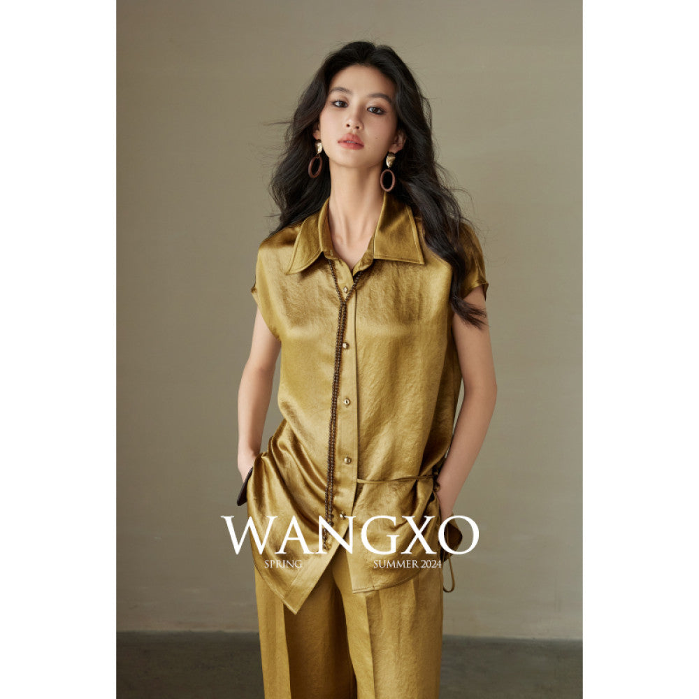 WANGXO 100 Acetic Acid Gloss Double sided Satin Special Paper Wrinkle Embossed Wrapping Top Wide Leg Pants Set image 6