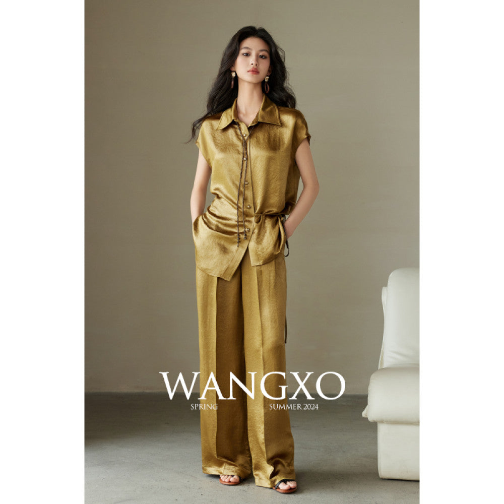 WANGXO 100 Acetic Acid Gloss Double sided Satin Special Paper Wrinkle Embossed Wrapping Top Wide Leg Pants Set image 14