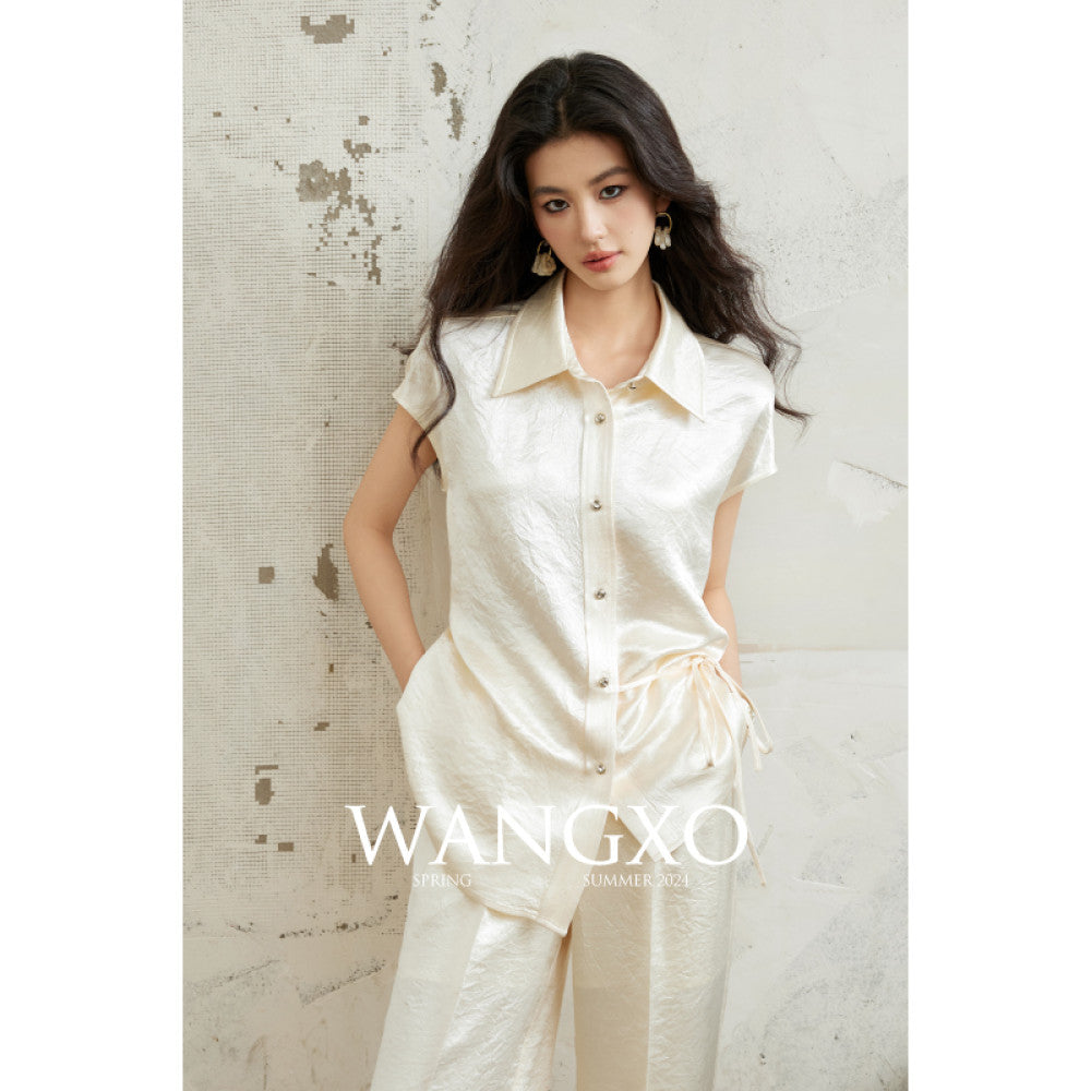 WANGXO 100 Acetic Acid Gloss Double sided Satin Special Paper Wrinkle Embossed Wrapping Top Wide Leg Pants Set image 21