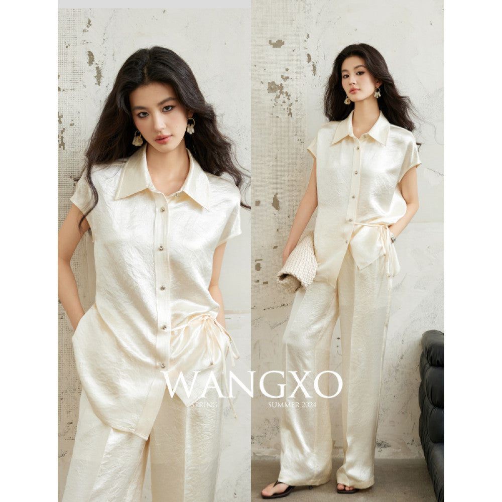 WANGXO 100 Acetic Acid Gloss Double sided Satin Special Paper Wrinkle Embossed Wrapping Top Wide Leg Pants Set image 25