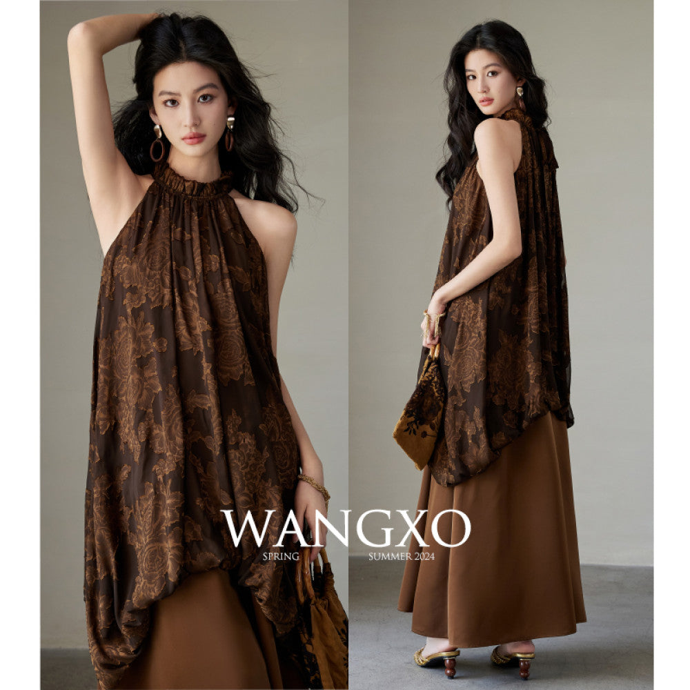 WANGXO Customized Qiaoqi Cut Flower Splicing Glossy Wall Satin Shoulder Trimming Neck Strap New Chinese Style Dress image 6