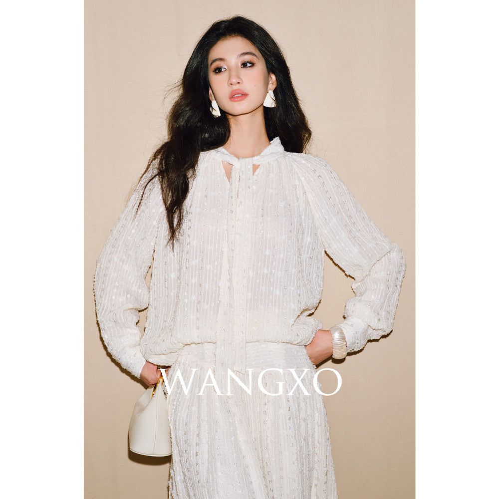 WANGXO Three dimensional particle jacquard semi transparent micro wrinkled texture Integrated ribbon V neck top and skirt set image 6