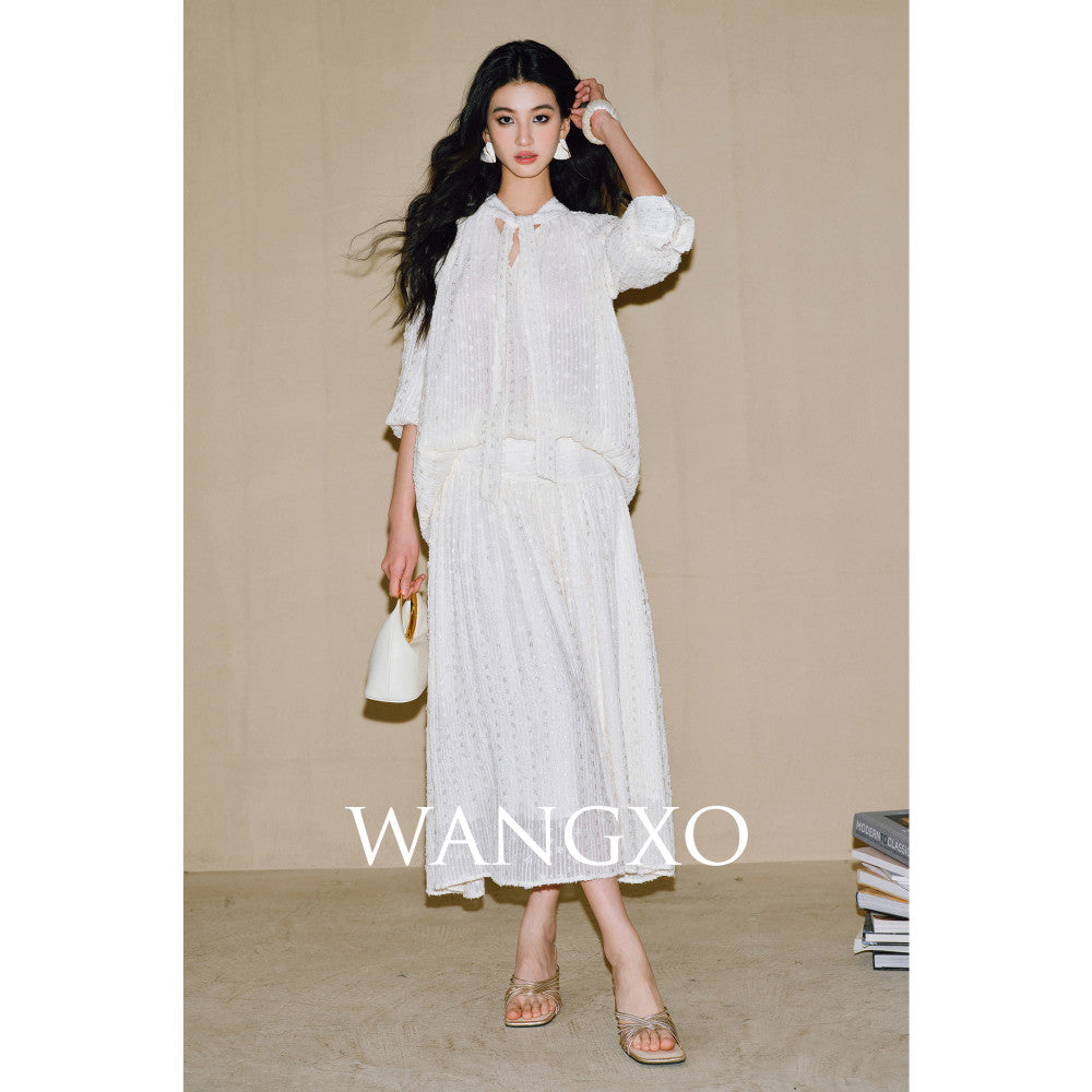 WANGXO Three dimensional particle jacquard semi transparent micro wrinkled texture Integrated ribbon V neck top and skirt set image 13