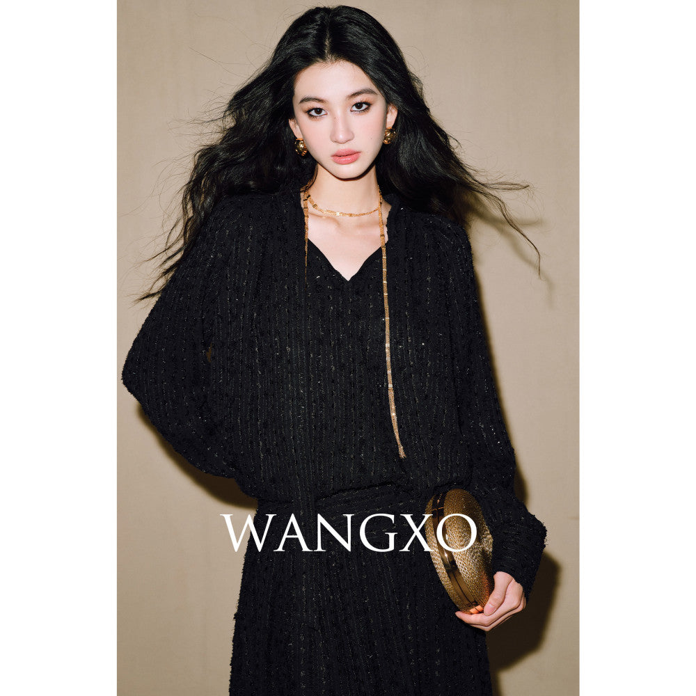 WANGXO Three dimensional particle jacquard semi transparent micro wrinkled texture Integrated ribbon V neck top and skirt set image 22