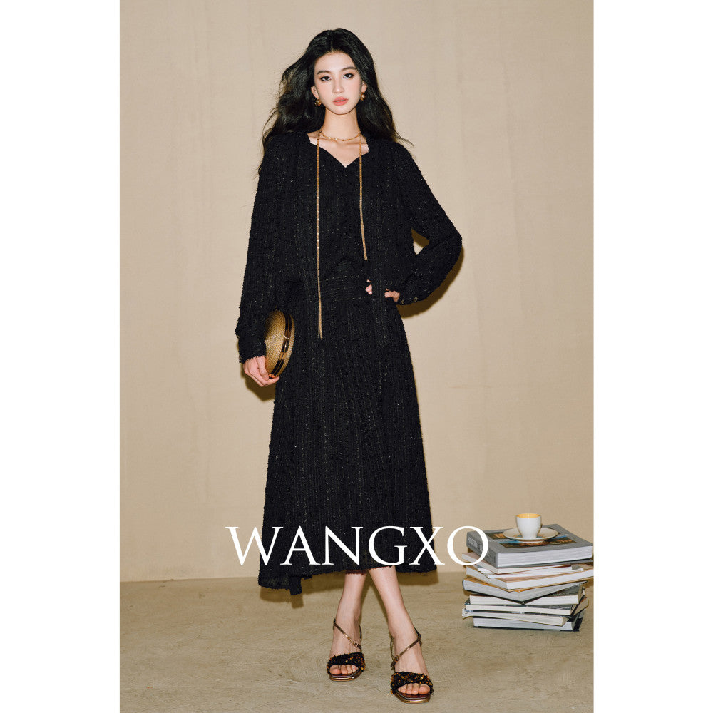 WANGXO Three dimensional particle jacquard semi transparent micro wrinkled texture Integrated ribbon V neck top and skirt set image 24