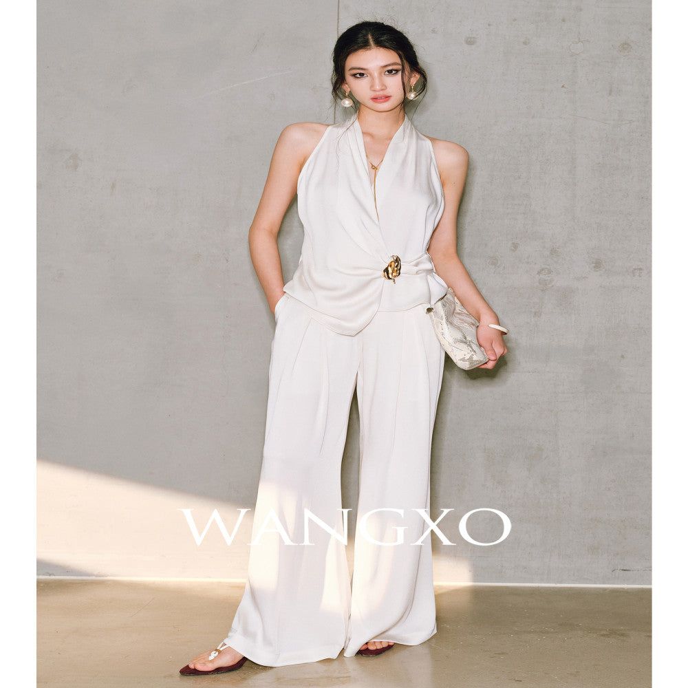 WANGXO High density satin pearl luster Metal leaf decoration deconstructive cutting hanging neck topu0026wide leg pants image 54