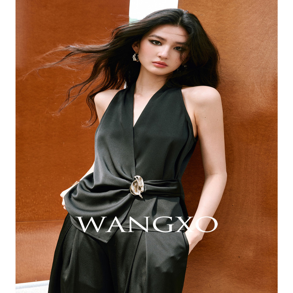 WANGXO High density satin pearl luster Metal leaf decoration deconstructive cutting hanging neck topu0026wide leg pants image 55