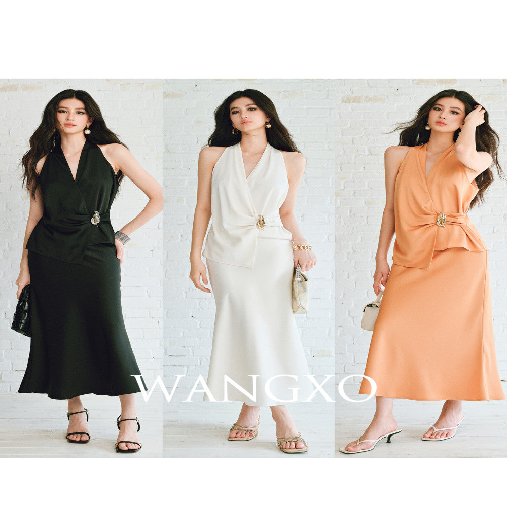 WANGXO High density satin pearl luster Metal leaf decoration deconstructive cutting hanging neck topu0026wide leg pants image 56