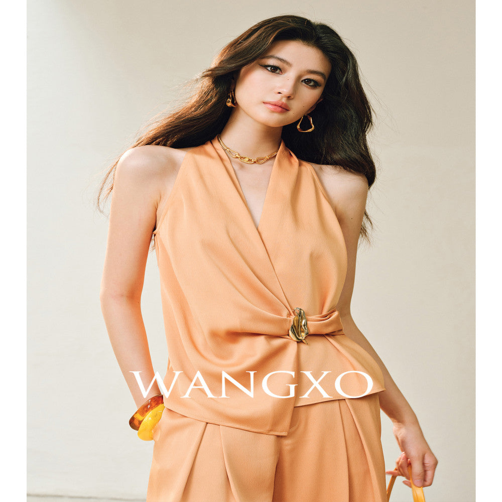 WANGXO High density satin pearl luster Metal leaf decoration deconstructive cutting hanging neck topu0026wide leg pants image 57