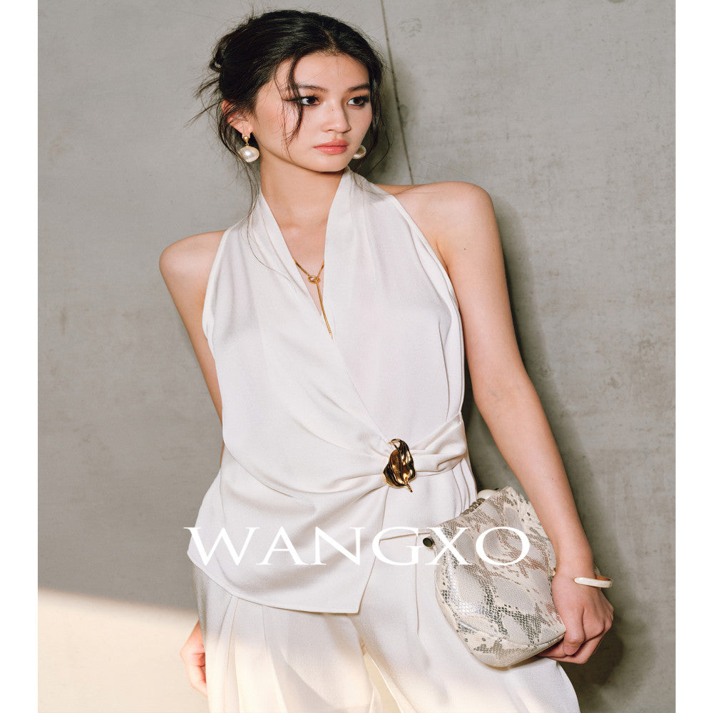 WANGXO High density satin pearl luster Metal leaf decoration deconstructive cutting hanging neck topu0026wide leg pants image 0