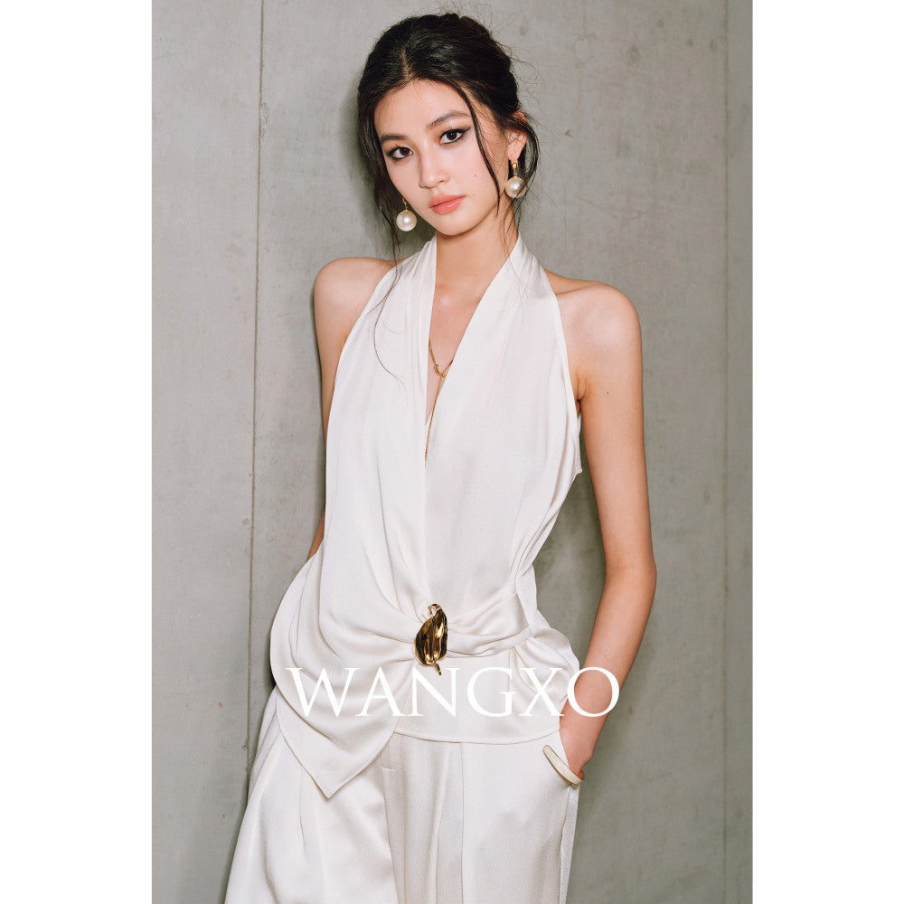 WANGXO High density satin pearl luster Metal leaf decoration deconstructive cutting hanging neck topu0026wide leg pants image 59