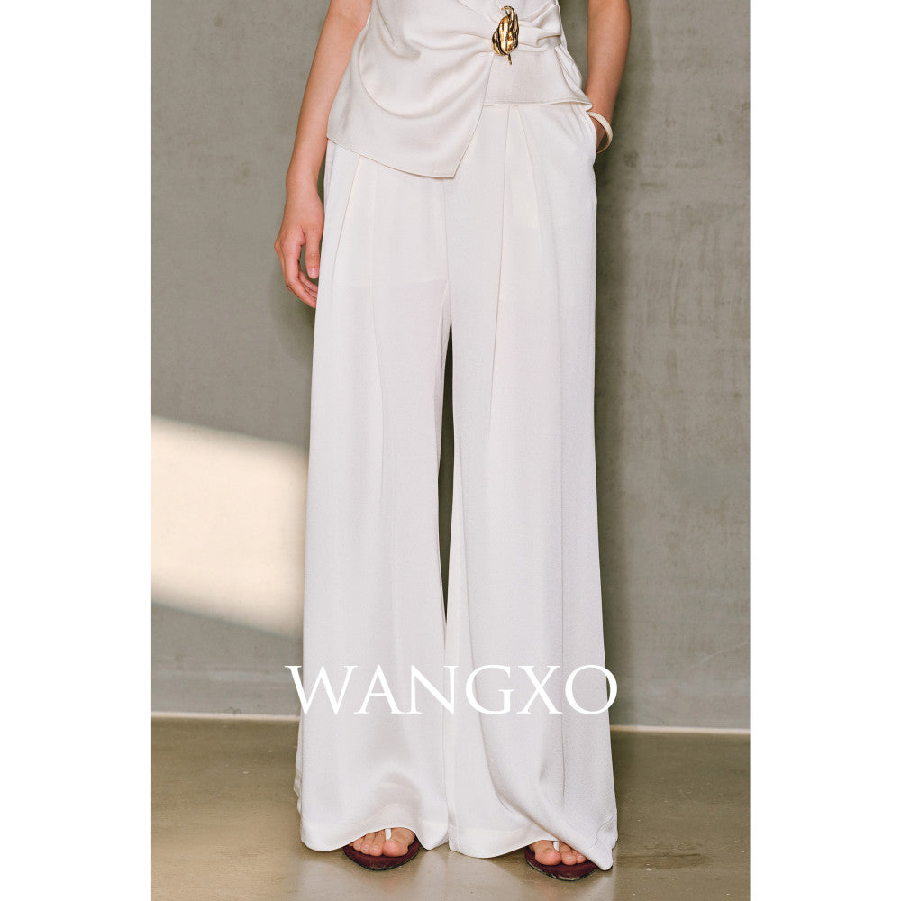 WANGXO High density satin pearl luster Metal leaf decoration deconstructive cutting hanging neck topu0026wide leg pants image 9
