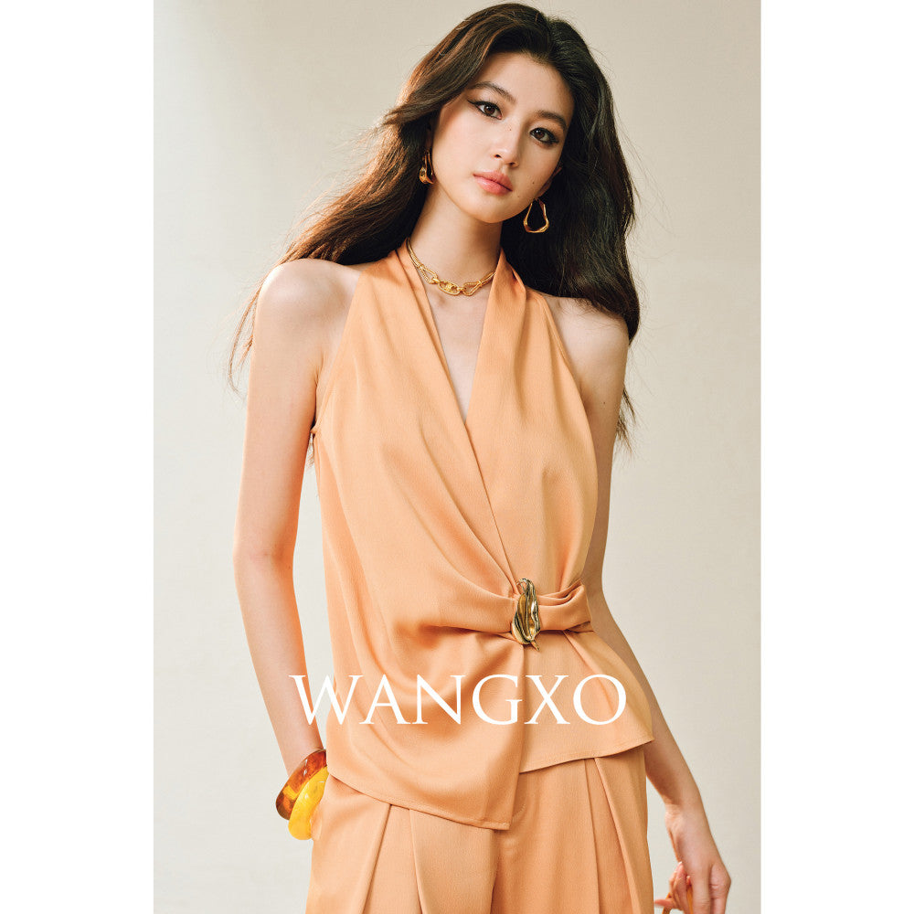 WANGXO High density satin pearl luster Metal leaf decoration deconstructive cutting hanging neck topu0026wide leg pants image 12