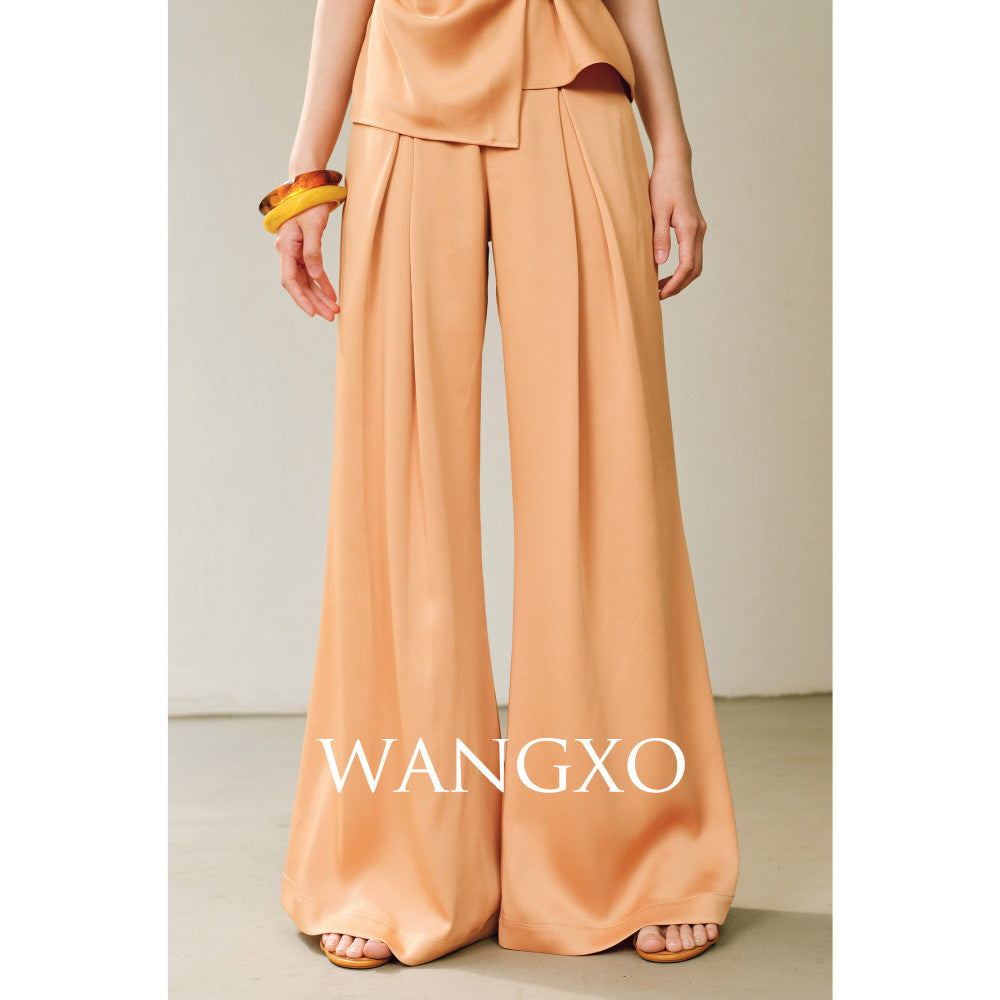 WANGXO High density satin pearl luster Metal leaf decoration deconstructive cutting hanging neck topu0026wide leg pants image 17