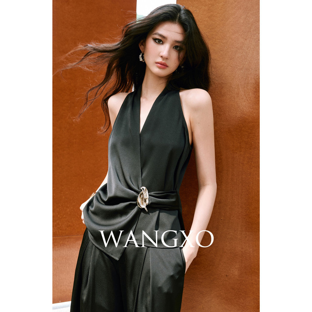 WANGXO High density satin pearl luster Metal leaf decoration deconstructive cutting hanging neck topu0026wide leg pants image 24