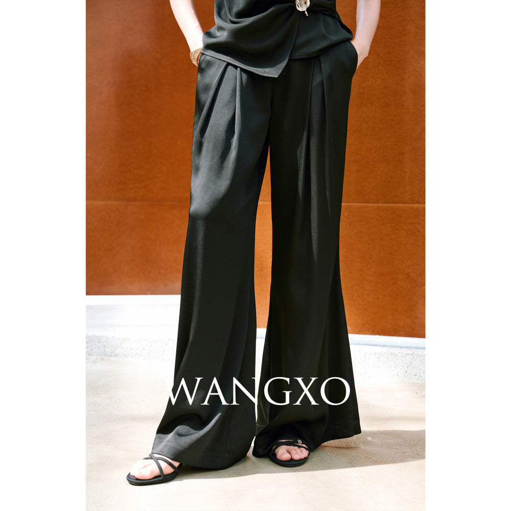 WANGXO High density satin pearl luster Metal leaf decoration deconstructive cutting hanging neck topu0026wide leg pants image 30