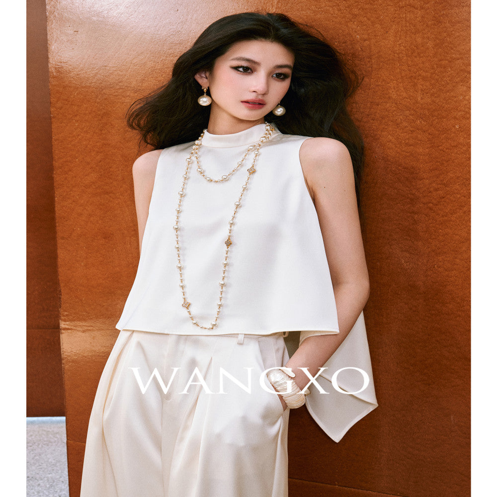 WANGXO High density twill satin with a silky feel A piece sleeveless top u0026slimming pleated wide leg pants image 1