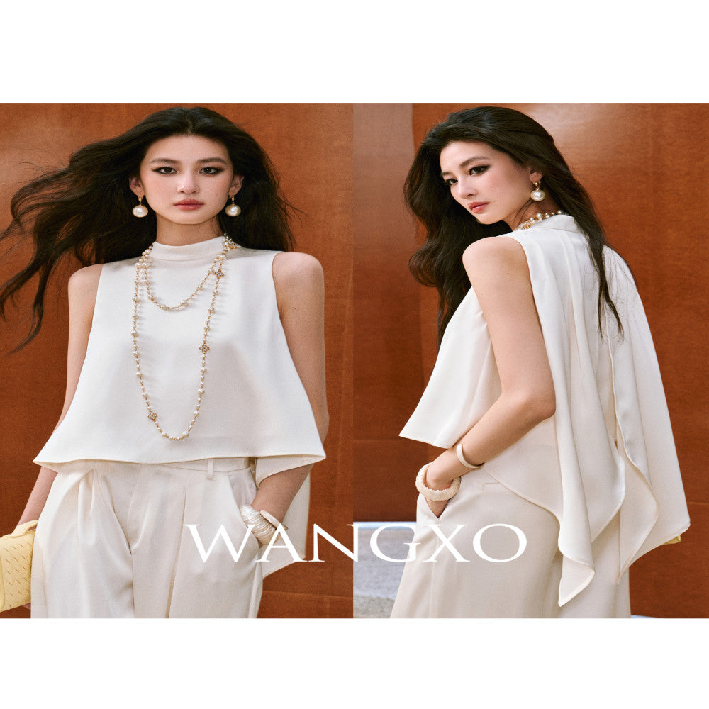 WANGXO High density twill satin with a silky feel A piece sleeveless top u0026slimming pleated wide leg pants image 3