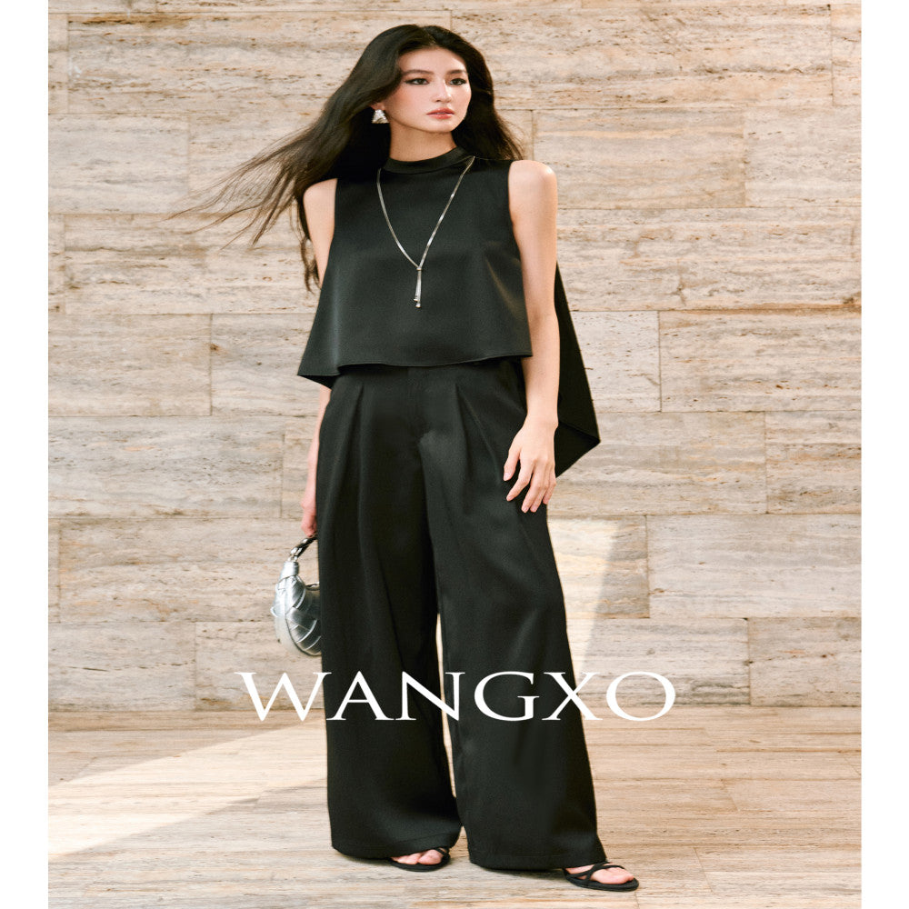 WANGXO High density twill satin with a silky feel A piece sleeveless top u0026slimming pleated wide leg pants image 5