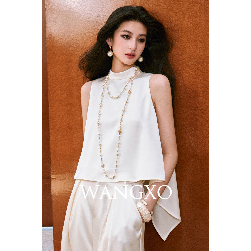 WANGXO High density twill satin with a silky feel A piece sleeveless top u0026slimming pleated wide leg pants image 7