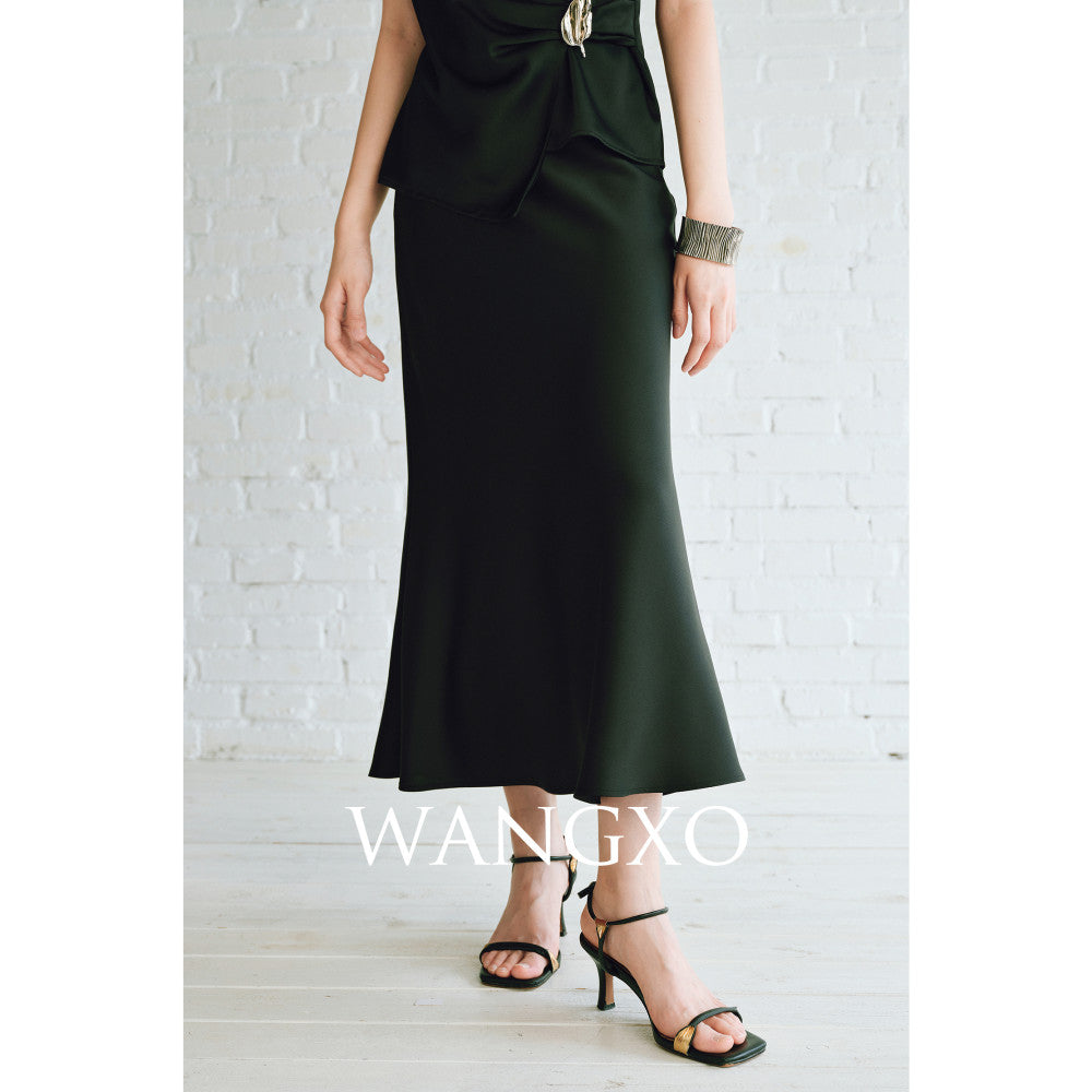 WANGXO High density satin pearl luster Metal leaf decoration deconstructive cutting hanging neck topu0026wide leg pants image 49