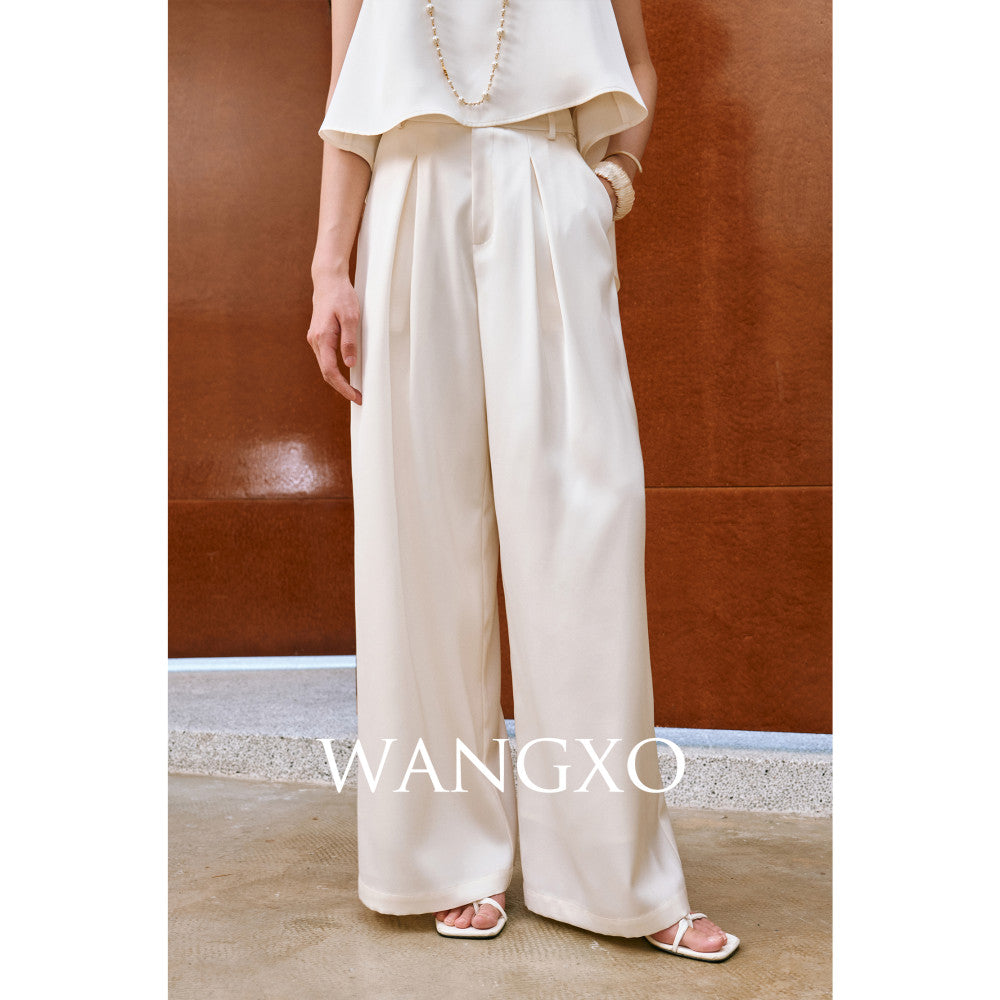 WANGXO High density twill satin with a silky feel A piece sleeveless top u0026slimming pleated wide leg pants image 15