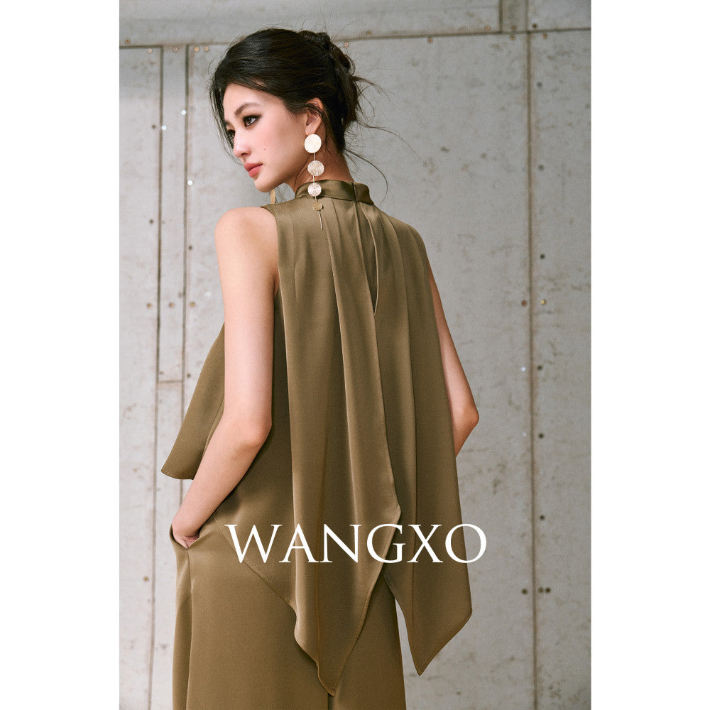 WANGXO High density twill satin with a silky feel A piece sleeveless top u0026slimming pleated wide leg pants image 20