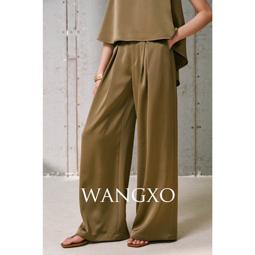 WANGXO High density twill satin with a silky feel A piece sleeveless top u0026slimming pleated wide leg pants image 24