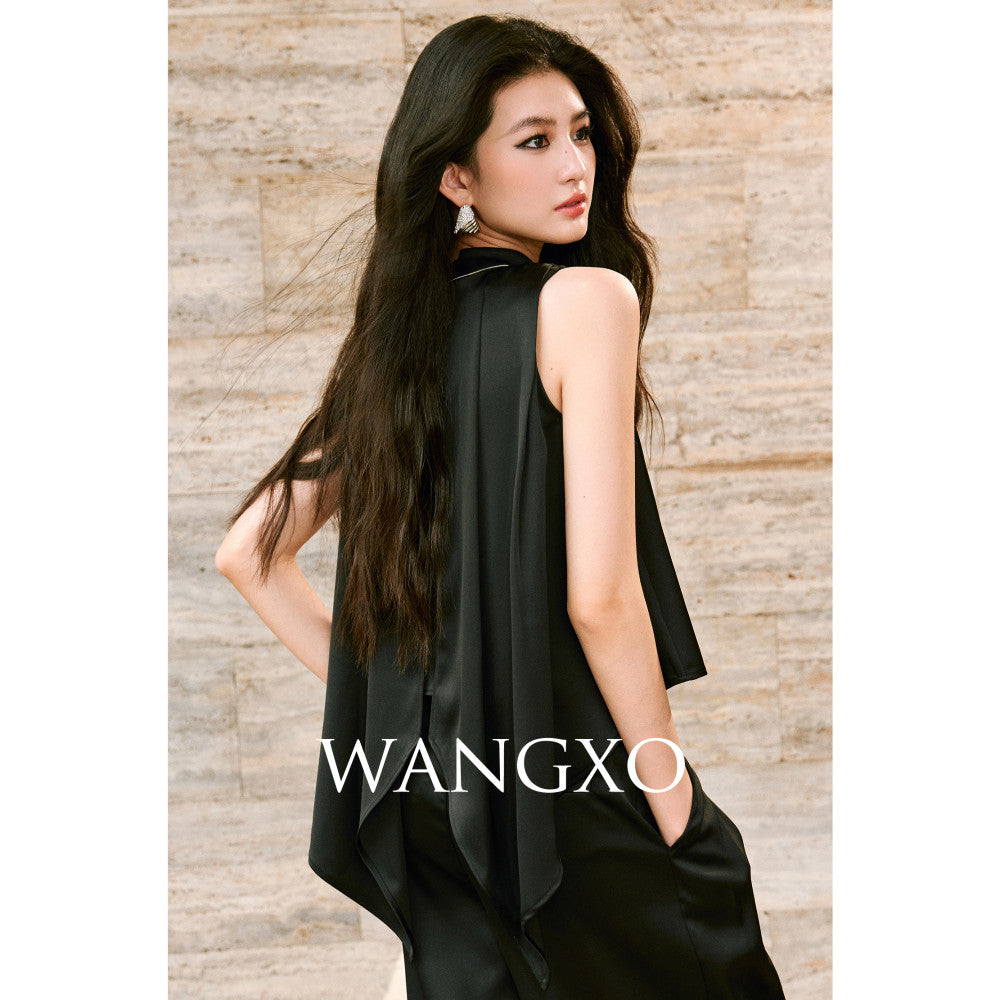 WANGXO High density twill satin with a silky feel A piece sleeveless top u0026slimming pleated wide leg pants image 32