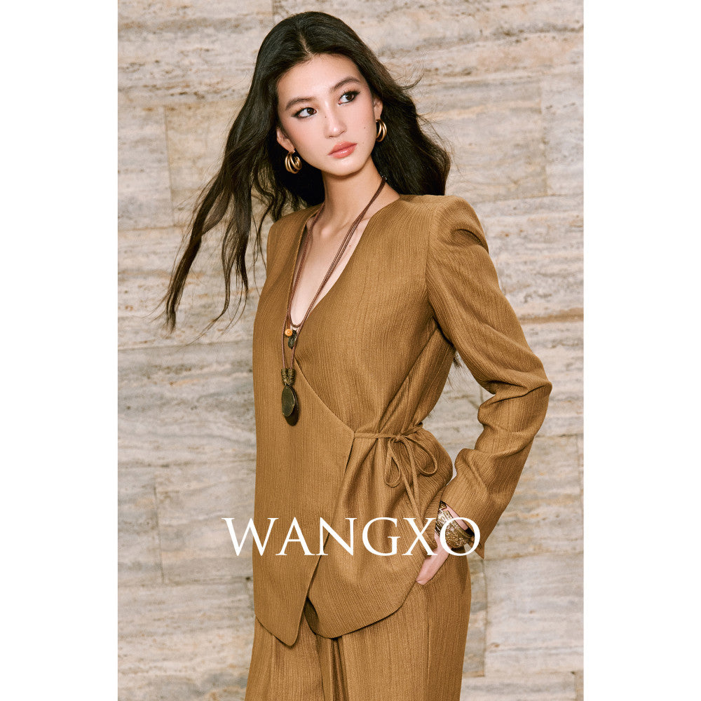 WANGXO Texture Touching Cotton Drawstring Satin Deconstructed Cross Collar Strap Waist Top u0026High Waist Wide Leg Pants image 9