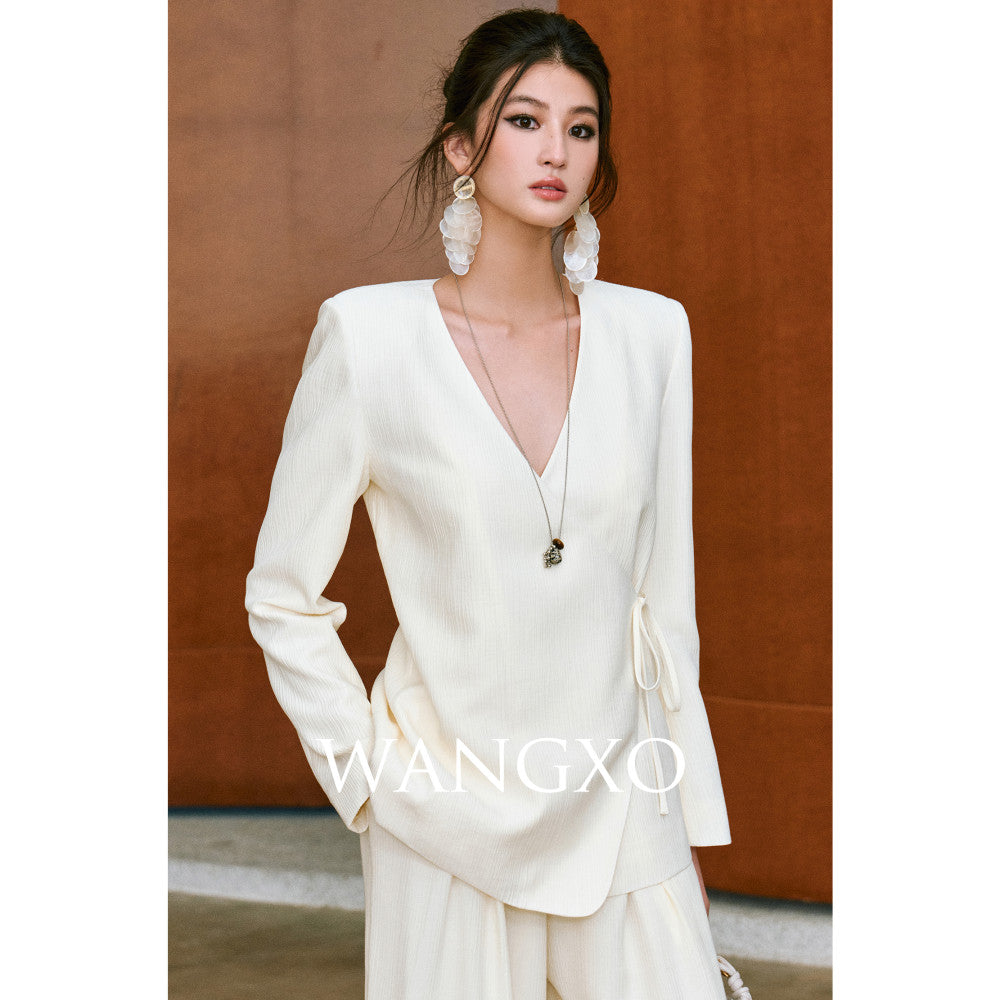 WANGXO Texture Touching Cotton Drawstring Satin Deconstructed Cross Collar Strap Waist Top u0026High Waist Wide Leg Pants image 18