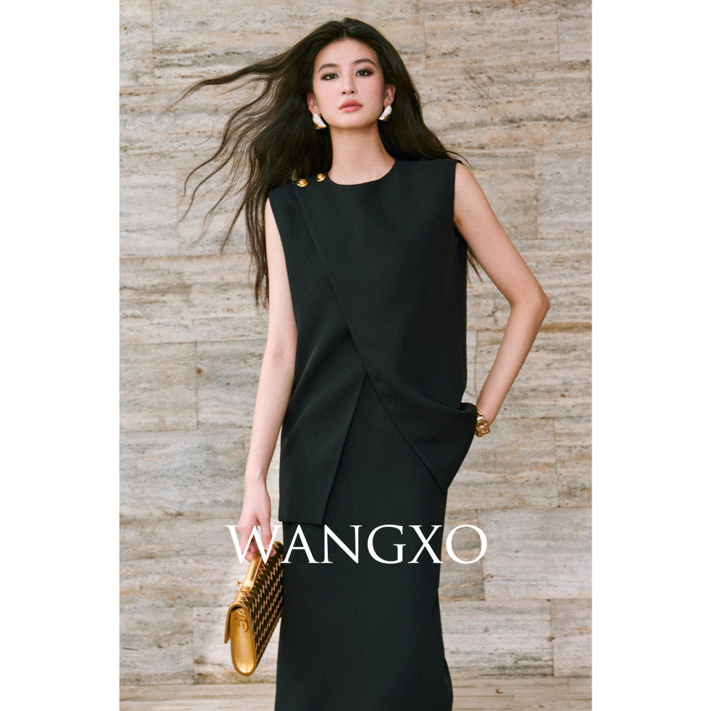 WANGXO Imported twisted drape fabric Elegant commuting slanted placket with pleated slit vest half skirt set image 17