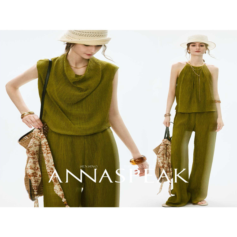 In stock ANNASPEAK lazy and casual TENCEL Lyocell collar top organ pleated suspender pants image 85