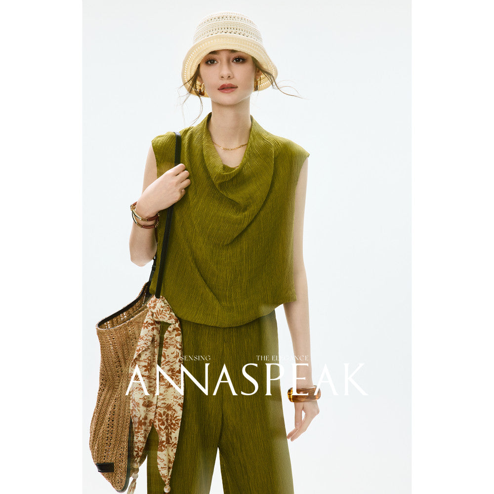 In stock ANNASPEAK lazy and casual TENCEL Lyocell collar top organ pleated suspender pants image 118