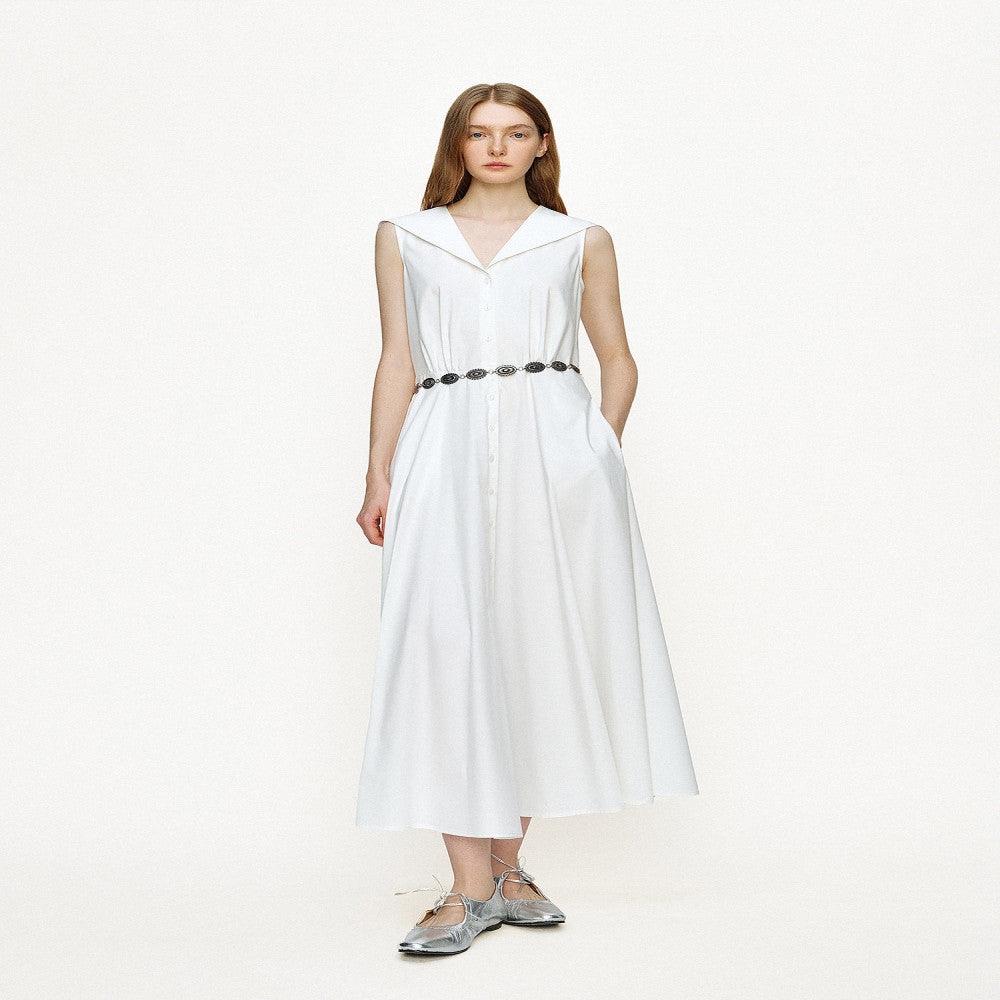 Marllen maritime charm elegant sailor collar A line waist cinched vest dress women s summer slimming and age reducing look image 2