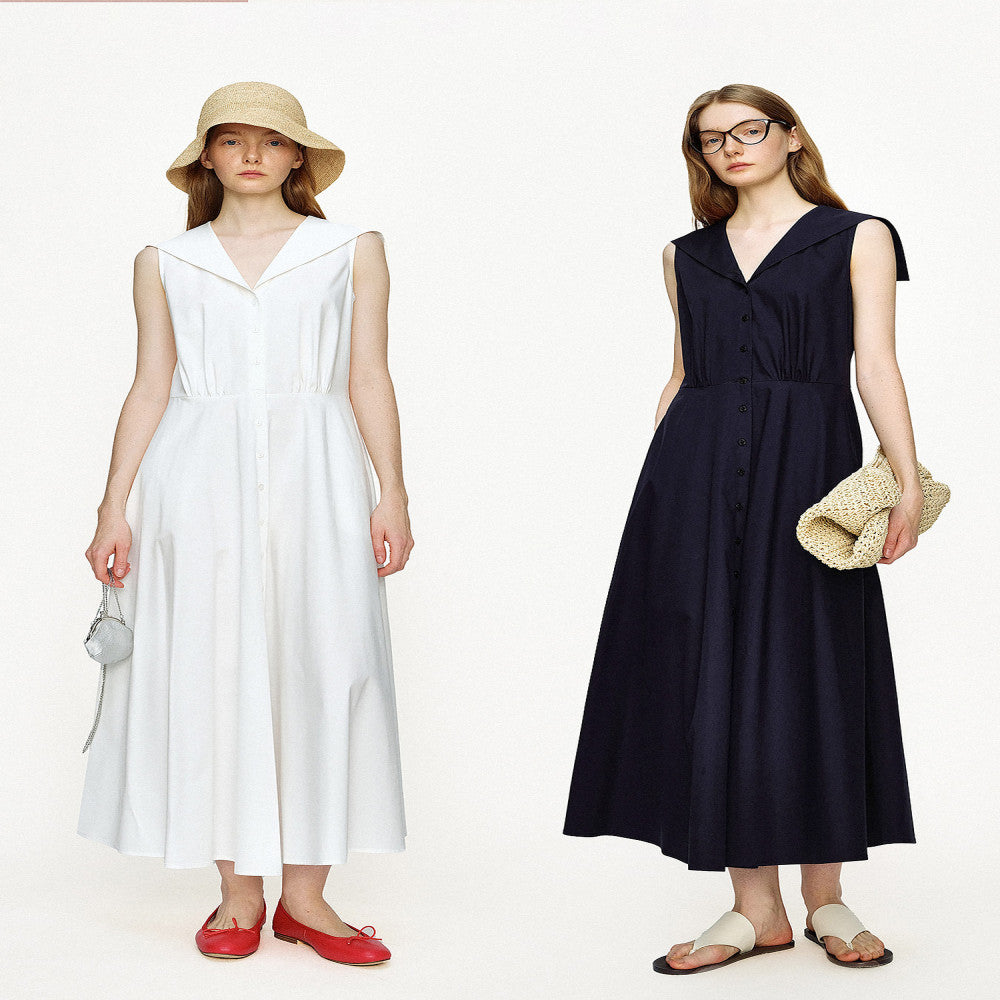 Marllen maritime charm elegant sailor collar A line waist cinched vest dress women s summer slimming and age reducing look image 0