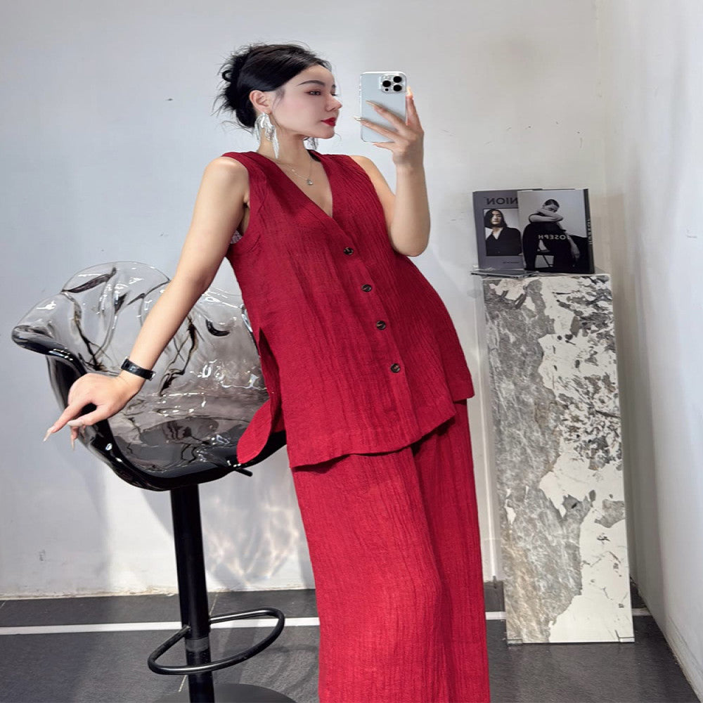Summer outfit paired with a complete set of salt based light cooked yet stylish and luxurious red linen cotton linen set pants image 4